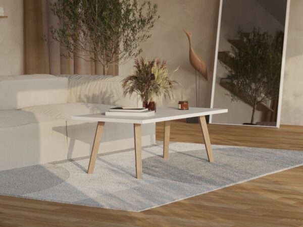 Table basse rectangulaire avec plateau blanc et pieds en bois