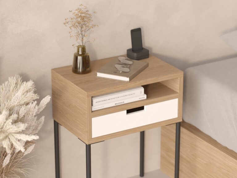 Table de chevet moderne avec tiroir blanc, style industriel