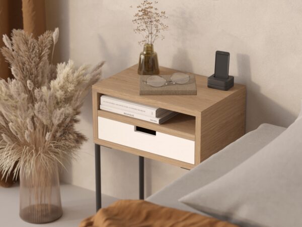 Table de chevet moderne avec tiroir blanc, style industriel