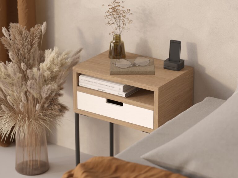 Table de chevet moderne avec tiroir blanc, style industriel