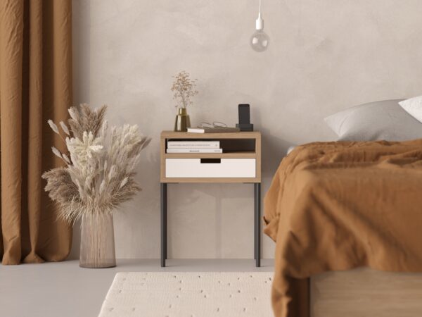 Table de chevet moderne avec tiroir blanc, style industriel