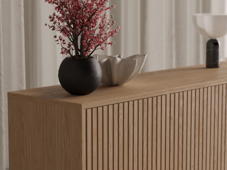 Commode en bois avec portes à lattes en chêne massif