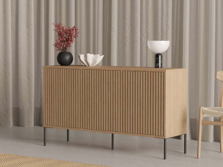 Commode en bois avec portes à lattes en chêne massif