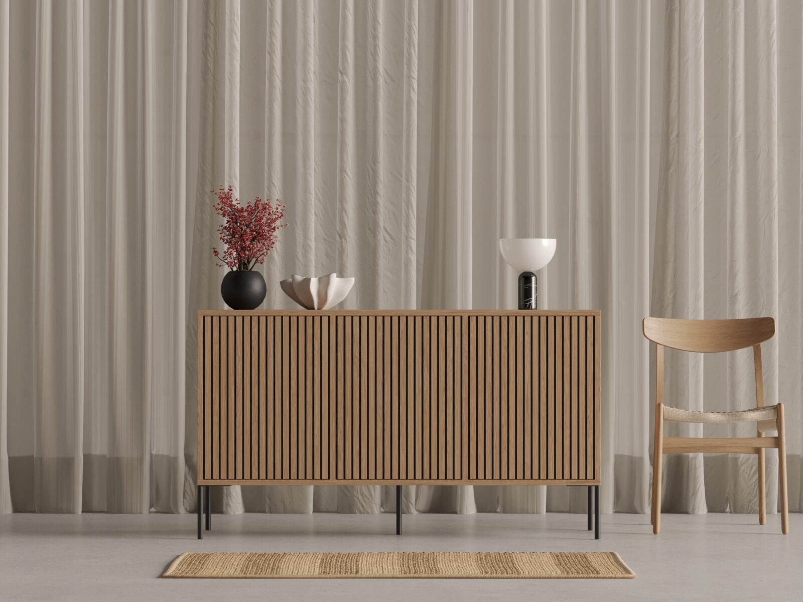Commode en bois avec portes à lattes en chêne massif