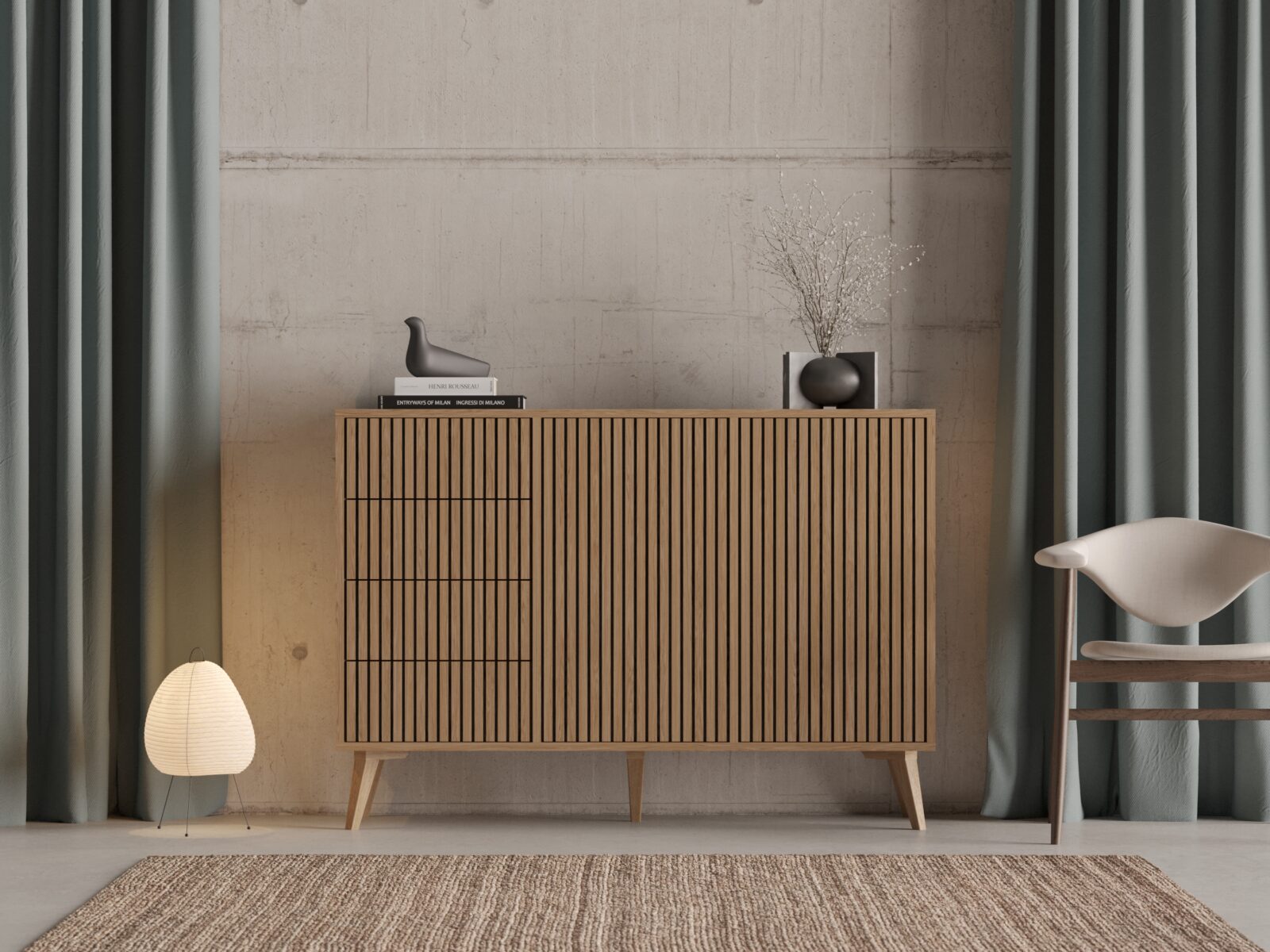 Grande commode en bois 143 x 40 cm avec 3 tiroirs et 2 portes
