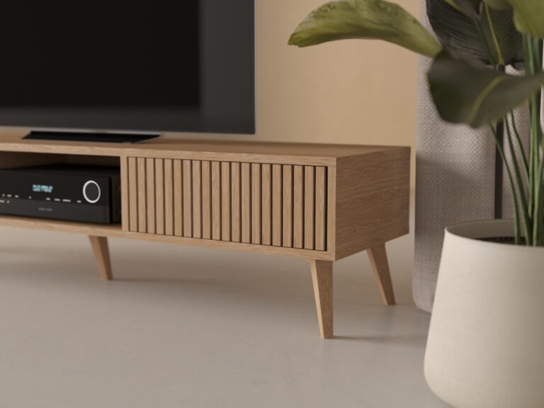 Meuble TV moderne 180 x 45 cm avec lames de chêne