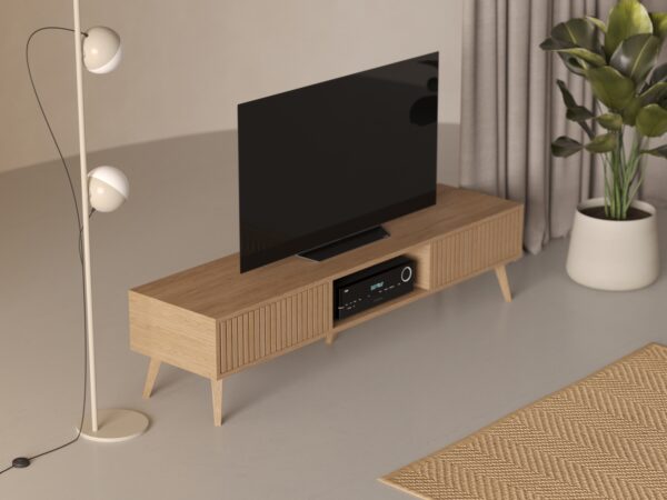 Meuble TV moderne 180 x 45 cm avec lames de chêne