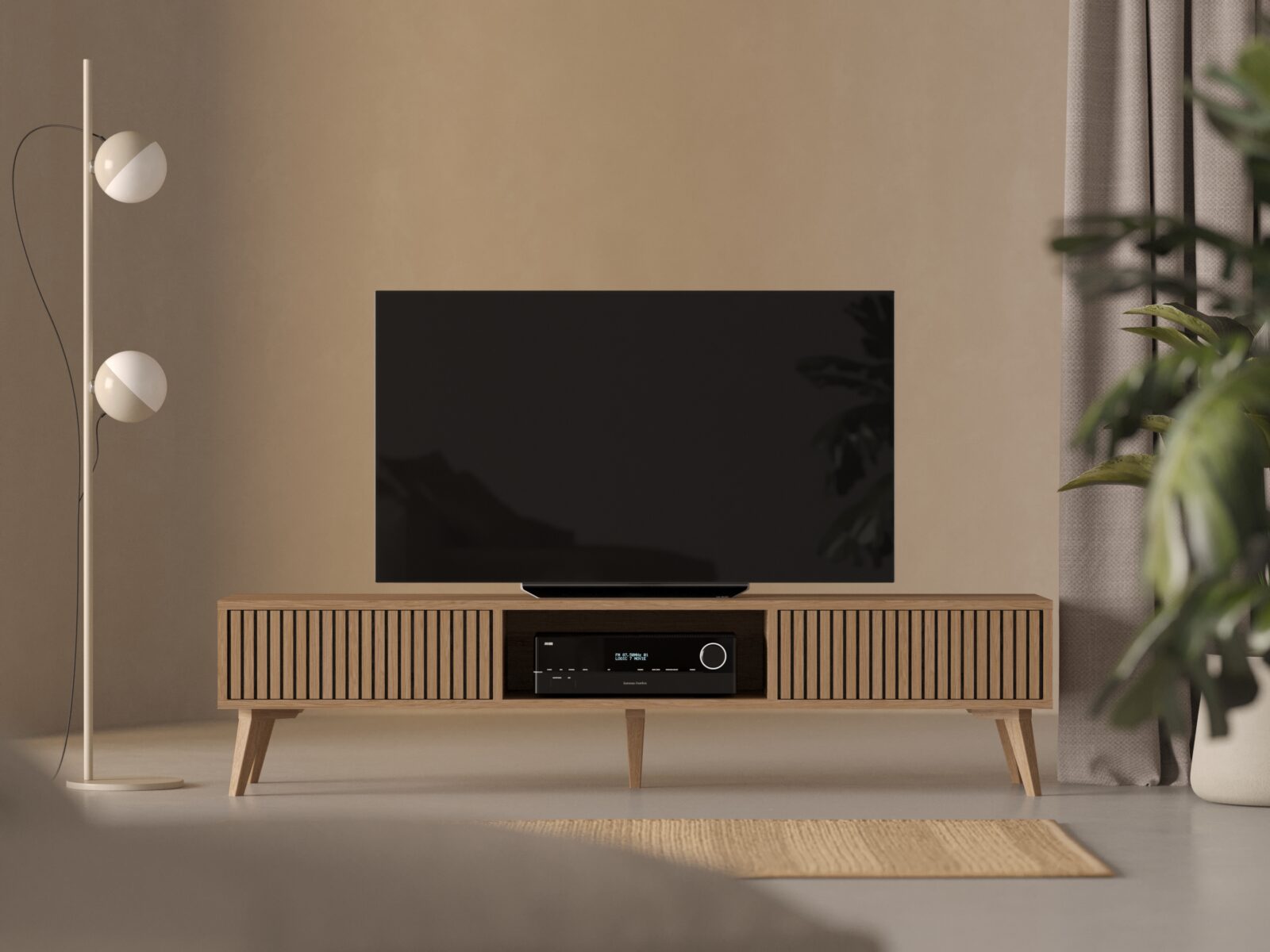 Meuble TV moderne 180 x 45 cm avec lames de chêne