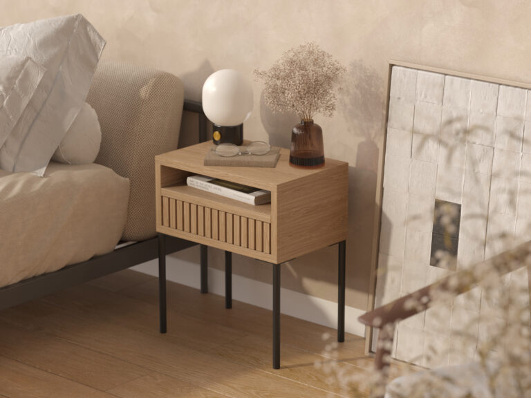 Table de chevet avec façade de tiroir en lames de chêne, style loft