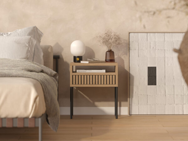 Table de chevet avec façade de tiroir en lames de chêne, style loft
