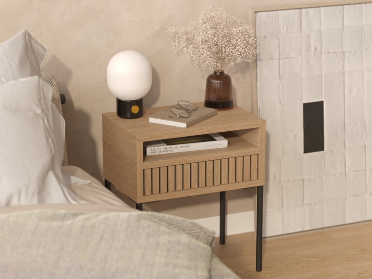 Table de chevet avec façade de tiroir en lames de chêne, style loft