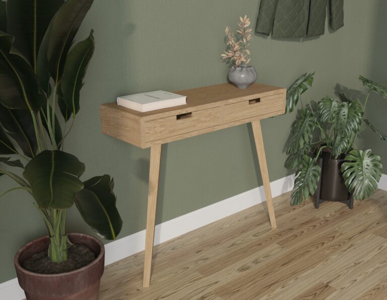 Console moderne avec côtés en chêne massif, tiroirs et pieds, aux côtés arrondis