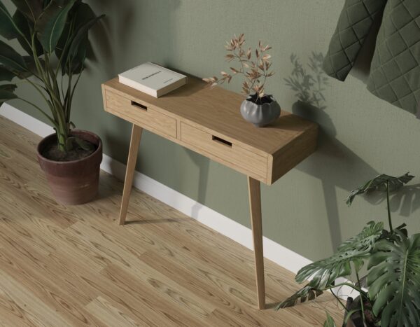 Console moderne avec côtés en chêne massif, tiroirs et pieds, aux côtés arrondis