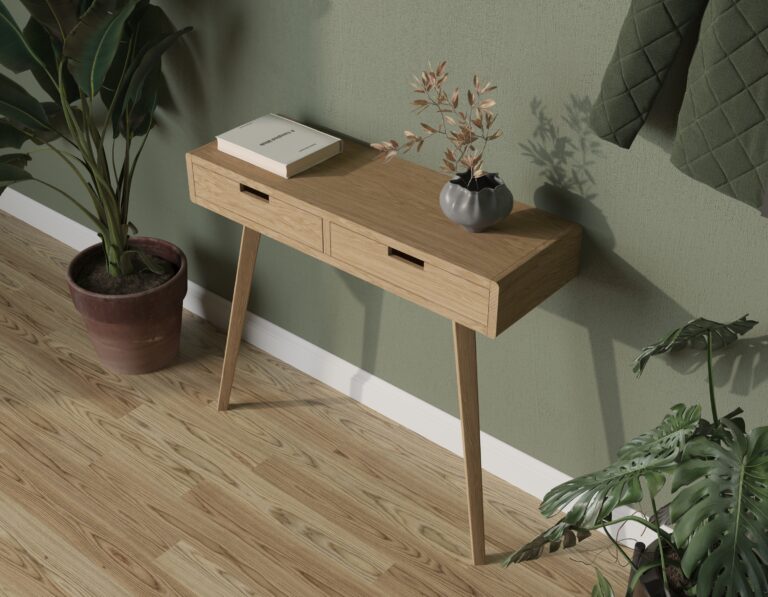 Console moderne avec côtés en chêne massif, tiroirs et pieds, aux côtés arrondis
