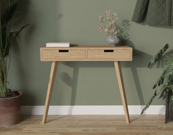 Console moderne avec côtés en chêne massif, tiroirs et pieds, aux côtés arrondis