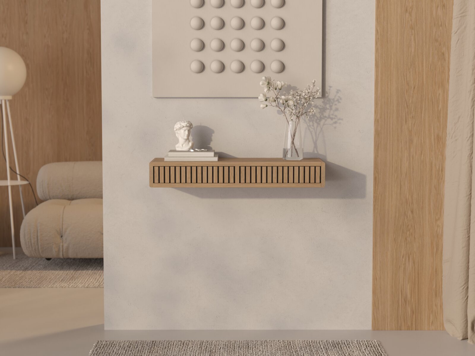 Console murale avec tiroirs et façades en lames de bois massif