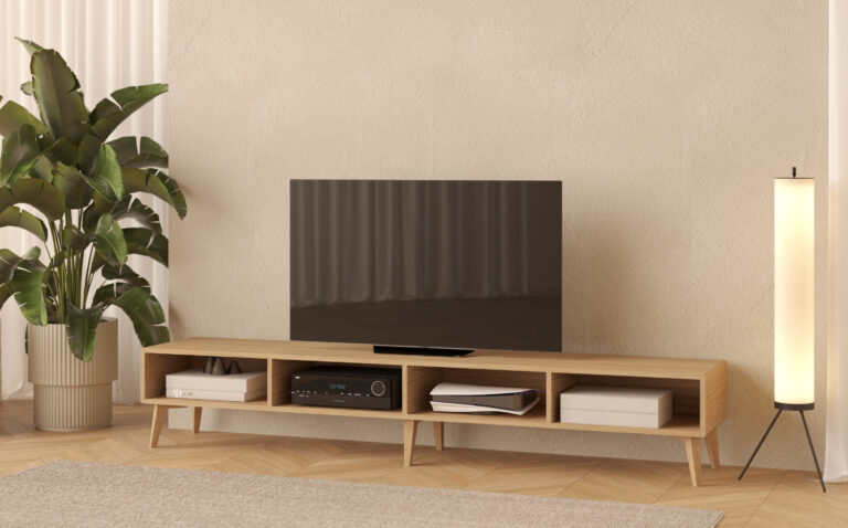 Banc TV / meuble TV en bois avec rangement, 240 x 45 cm
