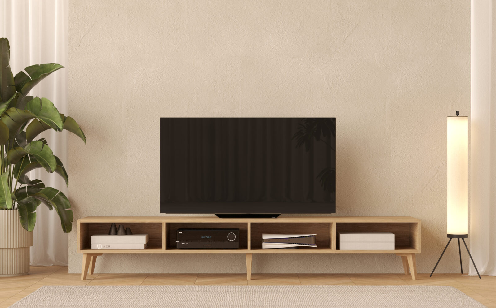 Banc TV / meuble TV en bois avec rangement, 240 x 45 cm