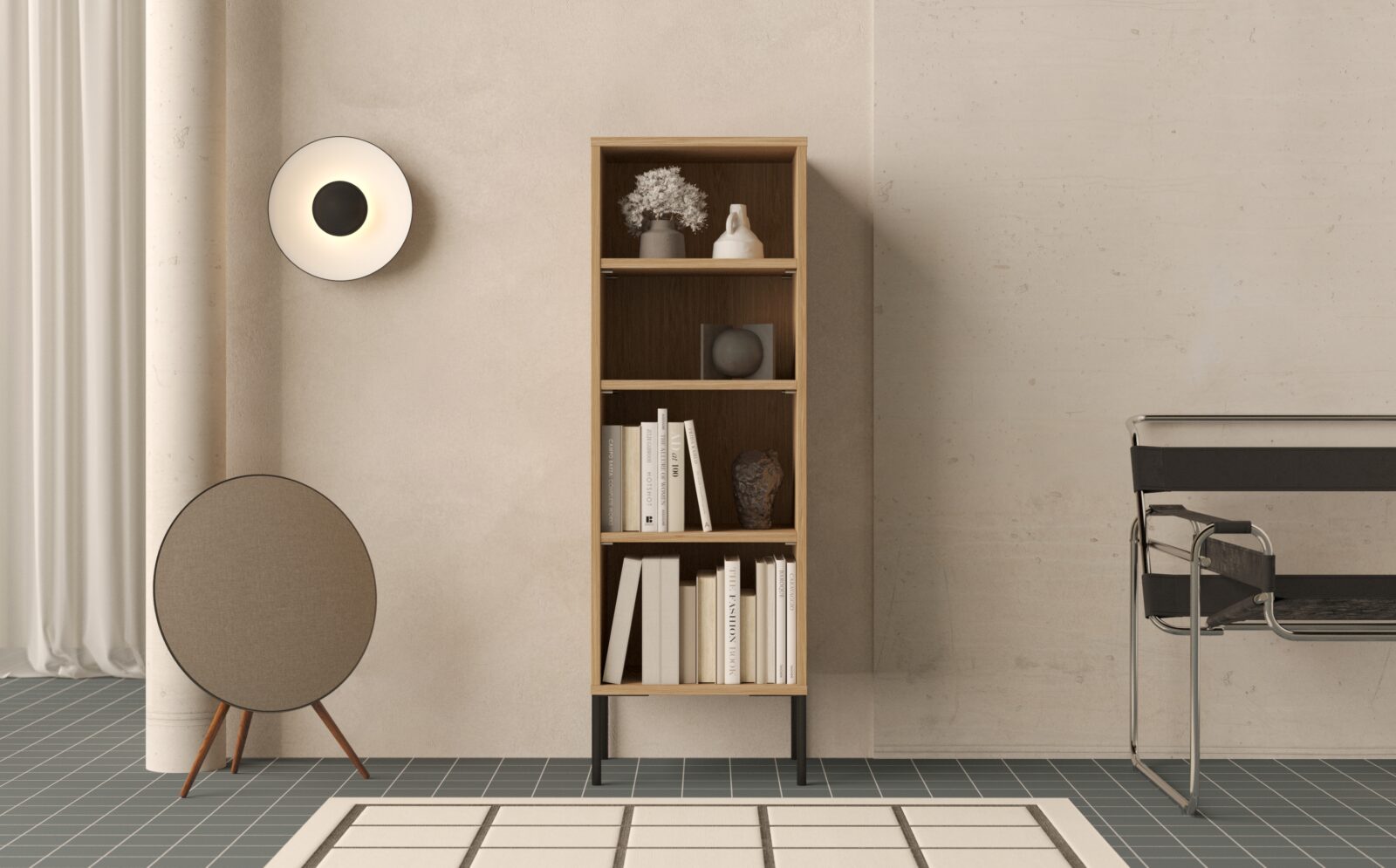 Bibliothèque étroite en bois avec pieds en métal noir