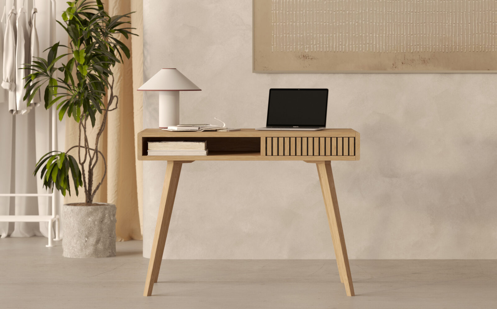Bureau moderne en bois 100 cm avec tiroir à façade en lames de chêne