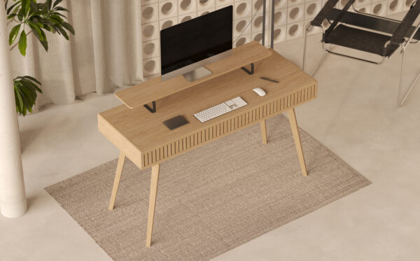 Grand bureau 130 cm avec 3 tiroirs et façades en lames de chêne