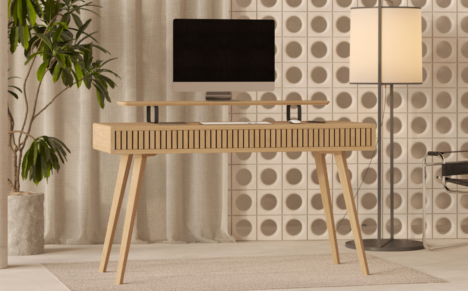 Grand bureau 130 cm avec 3 tiroirs et façades en lames de chêne