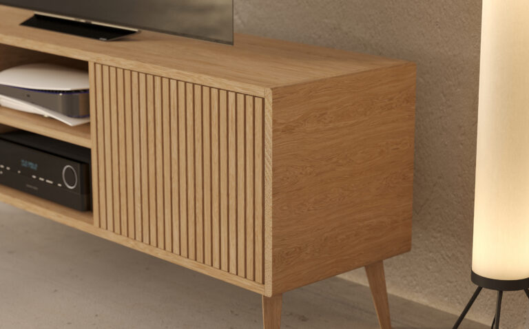 Grand meuble TV moderne 180 cm avec façades en lames de chêne