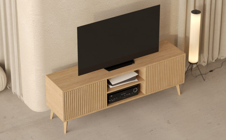 Grand meuble TV moderne 180 cm avec façades en lames de chêne