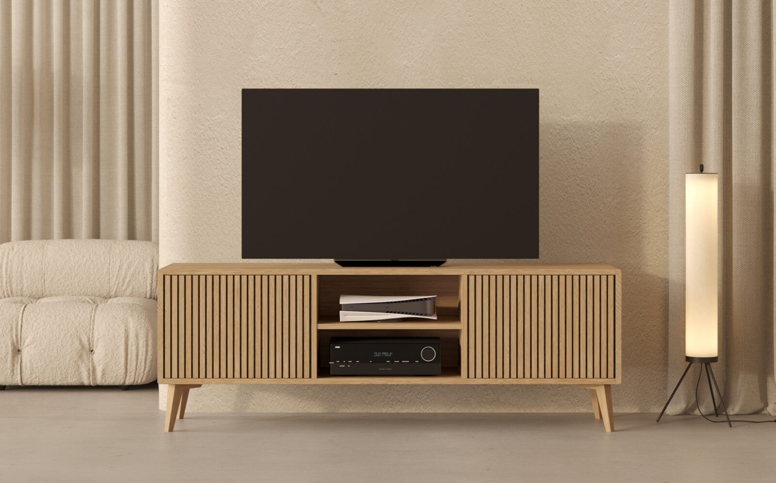 Grand meuble TV moderne 180 cm avec façades en lames de chêne