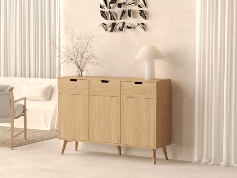 Grande commode en bois avec tiroirs et portes, 143 x 40 cm