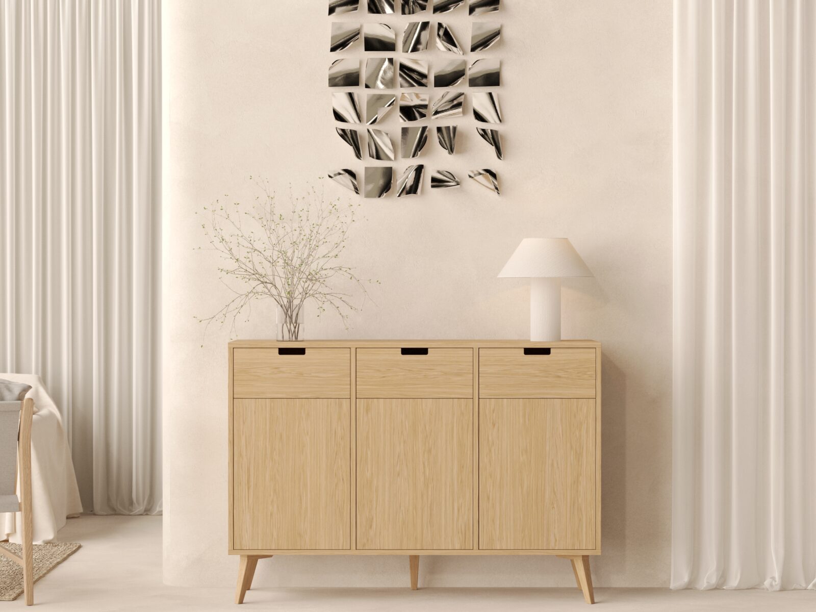 Grande commode en bois avec tiroirs et portes, 143 x 40 cm