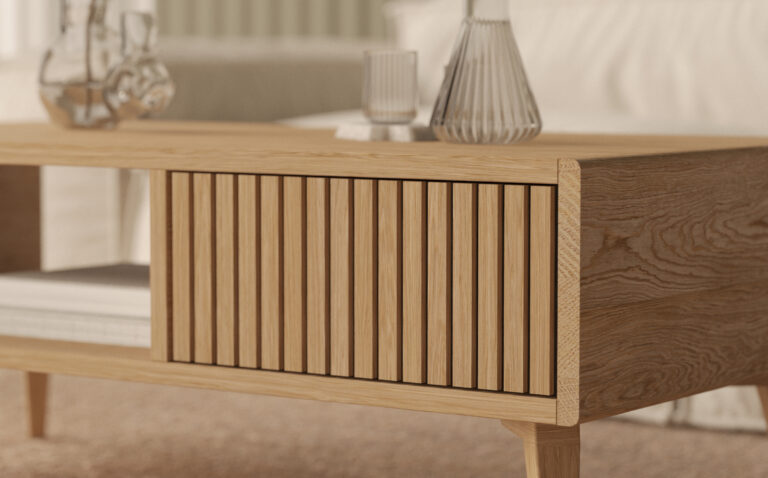 Grande table basse rectangulaire 120 x 60 cm avec façade de tiroir en lames de chêne
