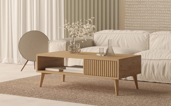 Grande table basse rectangulaire 120 x 60 cm avec façade de tiroir en lames de chêne