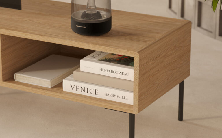 Long meuble TV moderne en bois, 240 cm