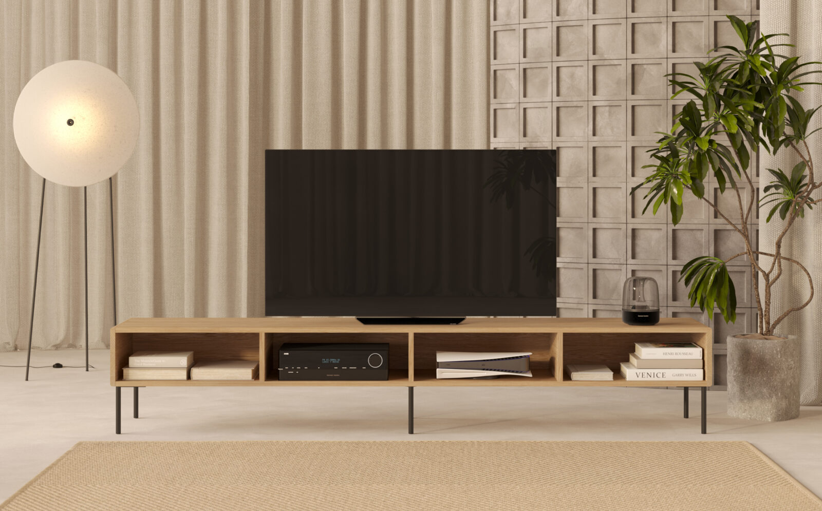 Long meuble TV moderne en bois, 240 cm