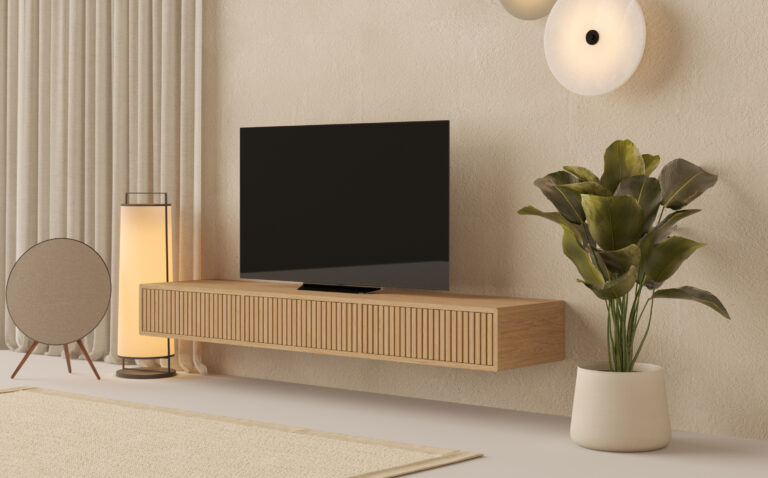 Meuble TV suspendu moderne 200 cm avec lames de chêne