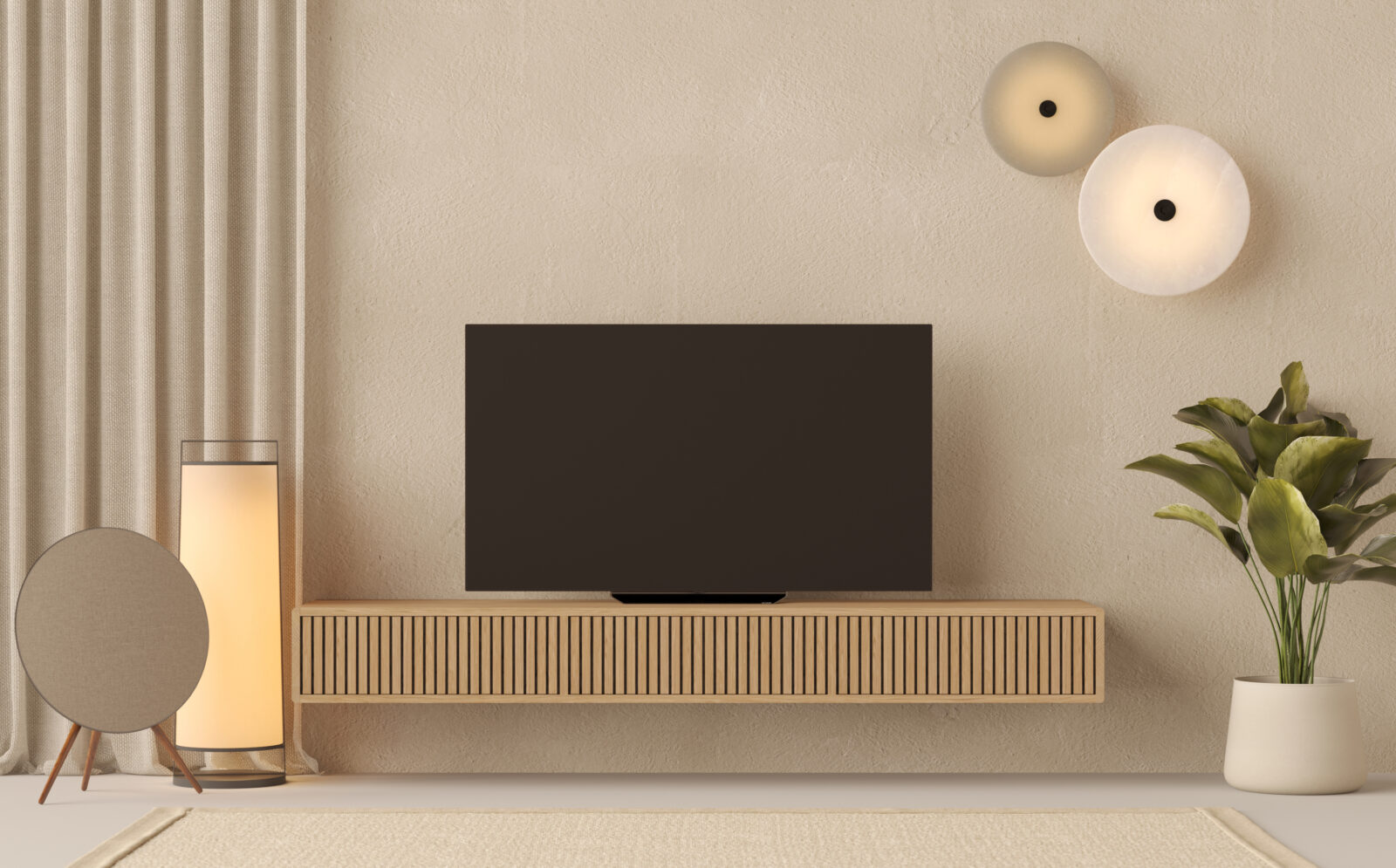 Meuble TV suspendu moderne 200 cm avec lames de chêne