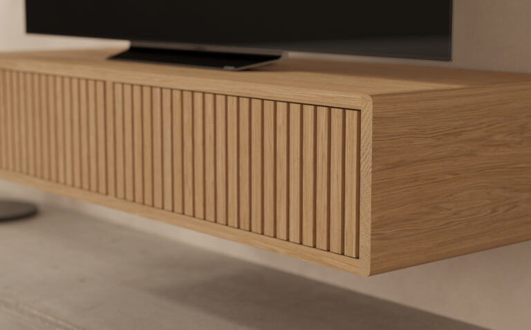 Petit meuble TV suspendu 120 cm avec façades en lames de chêne