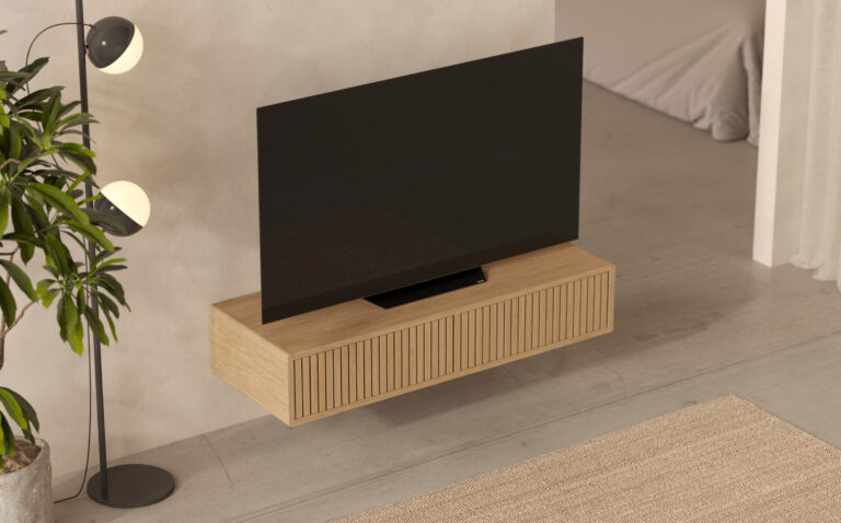 Petit meuble TV suspendu 120 cm avec façades en lames de chêne