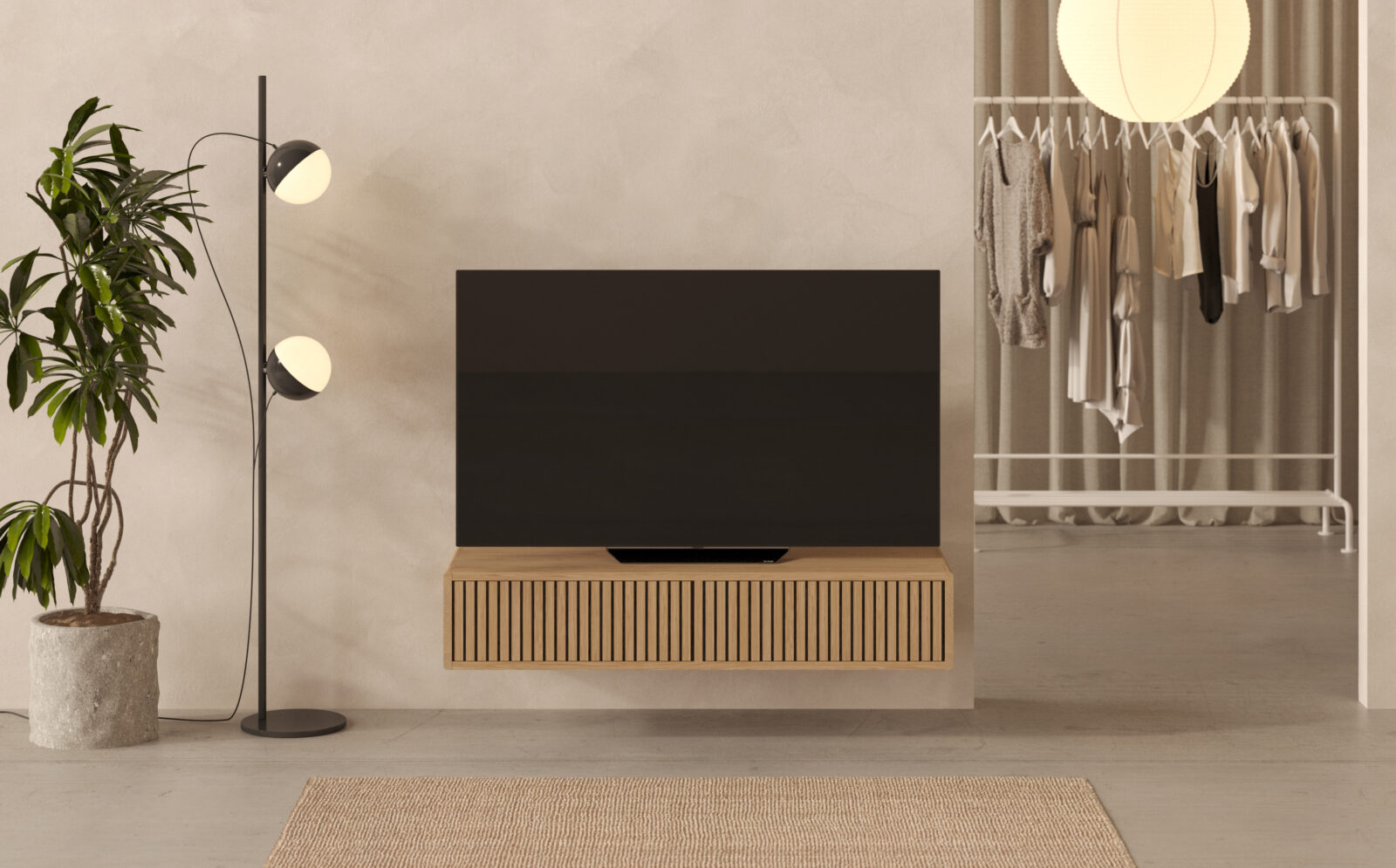 Petit meuble TV suspendu 120 cm avec façades en lames de chêne