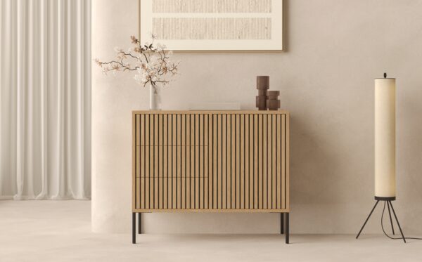 Petite commode avec tiroirs ou portes à lattes de chêne