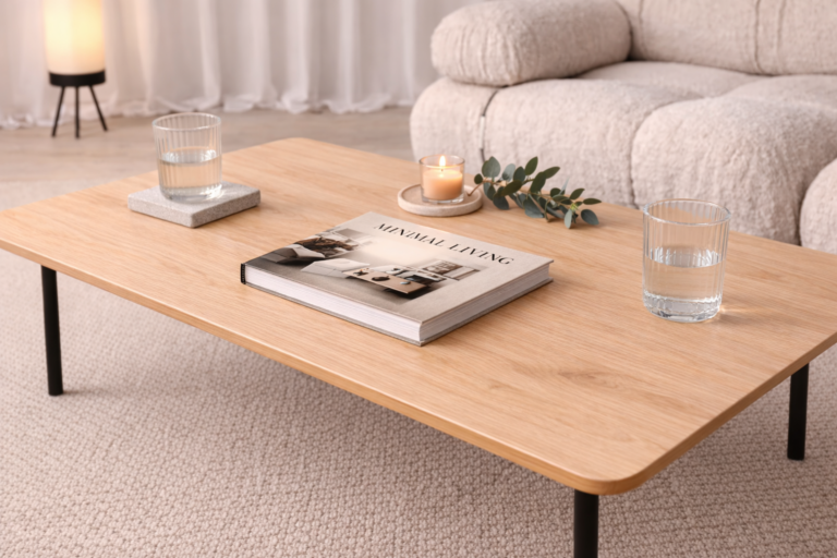 Table basse minimaliste avec plateau en bois et pieds en métal